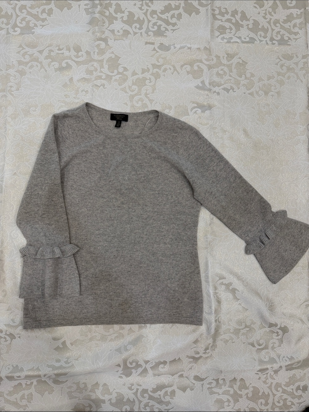 Charter Club Gray Ruffle Bell-Sleeve Crewneck Sweater